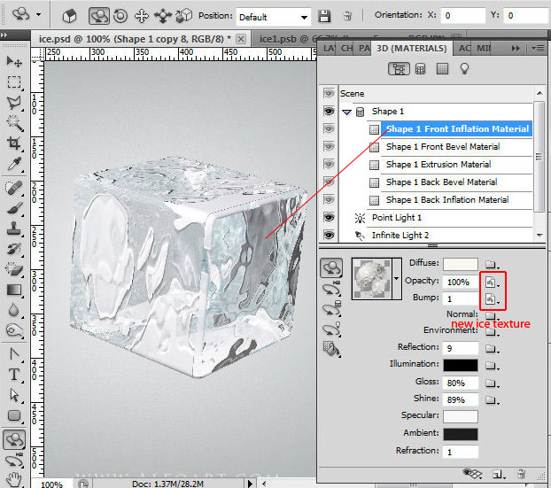 Ice cube 3D photoshop tools tutorial. 3D scene ice cube and cherry inside, ice txture effect in photoshop, ice reflection, 3D rendering, 3D light effects, realistic ice effectt, winterphotoshop  ideas